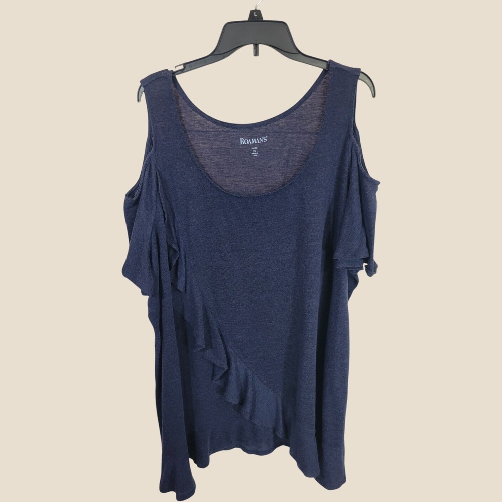 Roaman's Cold Shoulder Top Ruffle Front Boho Minimalist Linen Blend Navy Blue 3X